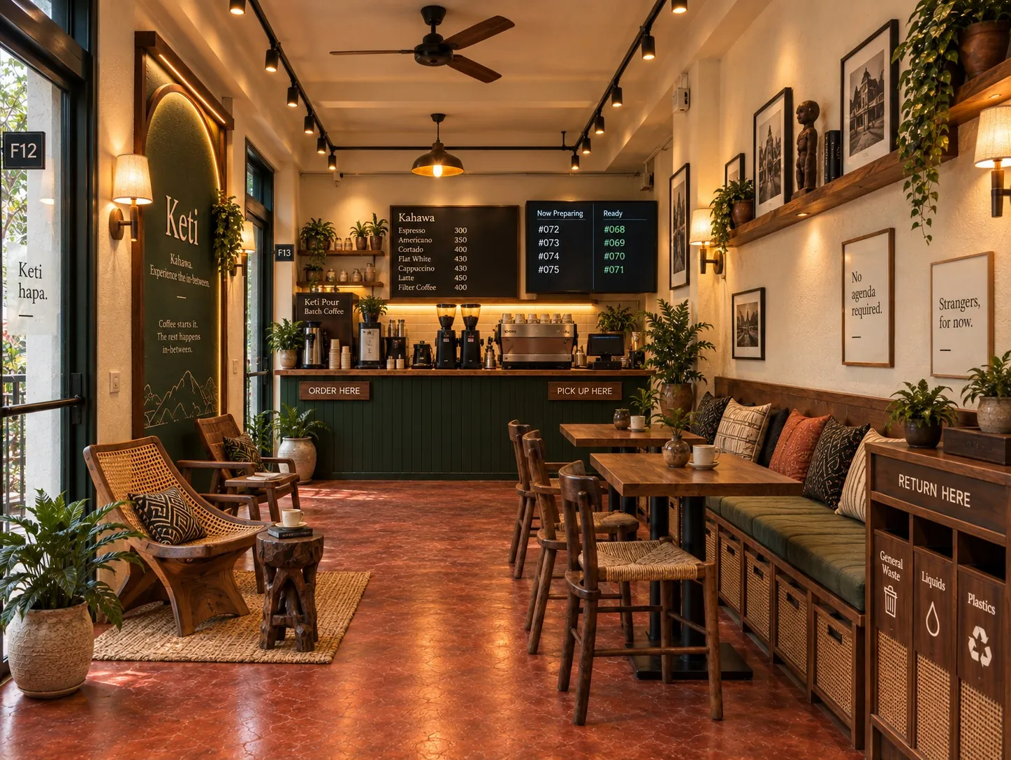 Keti concept: the coffee bar with the Kahawa menu board and order screens